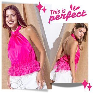 Faux Ostrich Feathered Hem Fuchsia Pink Satin Bow Back Sleeveless Blouse Halter